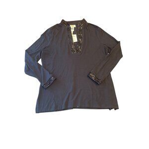 Talbots Womens XL Black Sequin-Trimmed V-Neck Long Sleeve Top